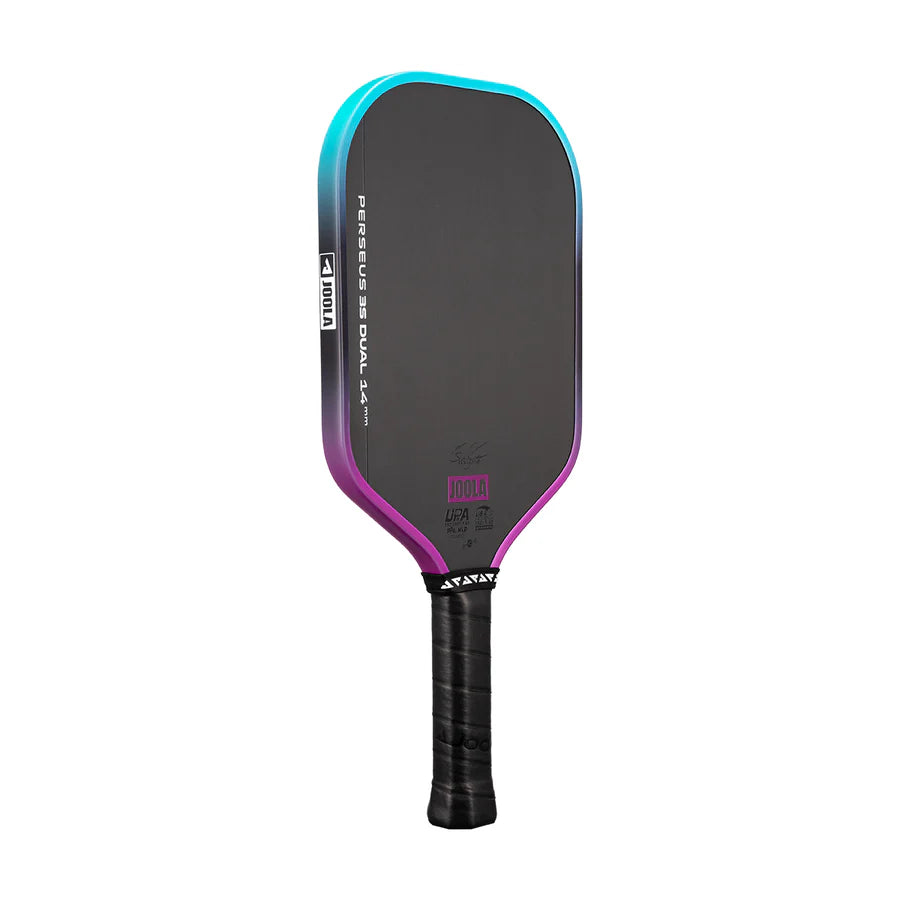JOOLA Perseus 3S Dual 14mm pickleball paddle featuring a sleek carbon friction surface and aerodynamic design for precision and power. Color blend of teal and purple.