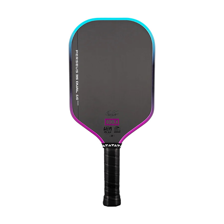 JOOLA Perseus 3S Dual 16mm Pickleball Paddle with textured carbon fiber face and teal and purple dual-color edge guard