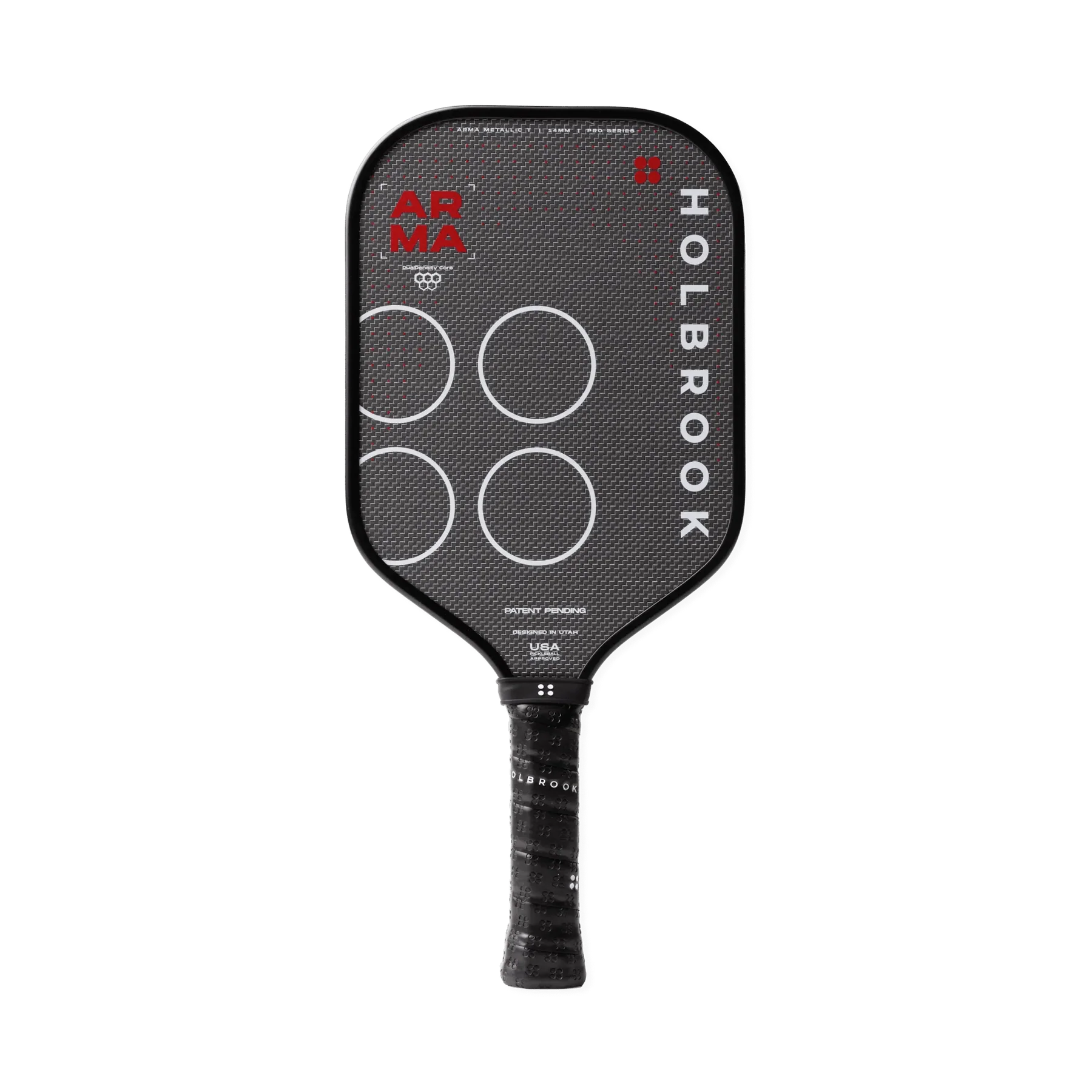 Holbrook Arma T Metallic pickleball paddle featuring an elongated face with a metallic polyester carbon fiber weave for softer touch and precision.