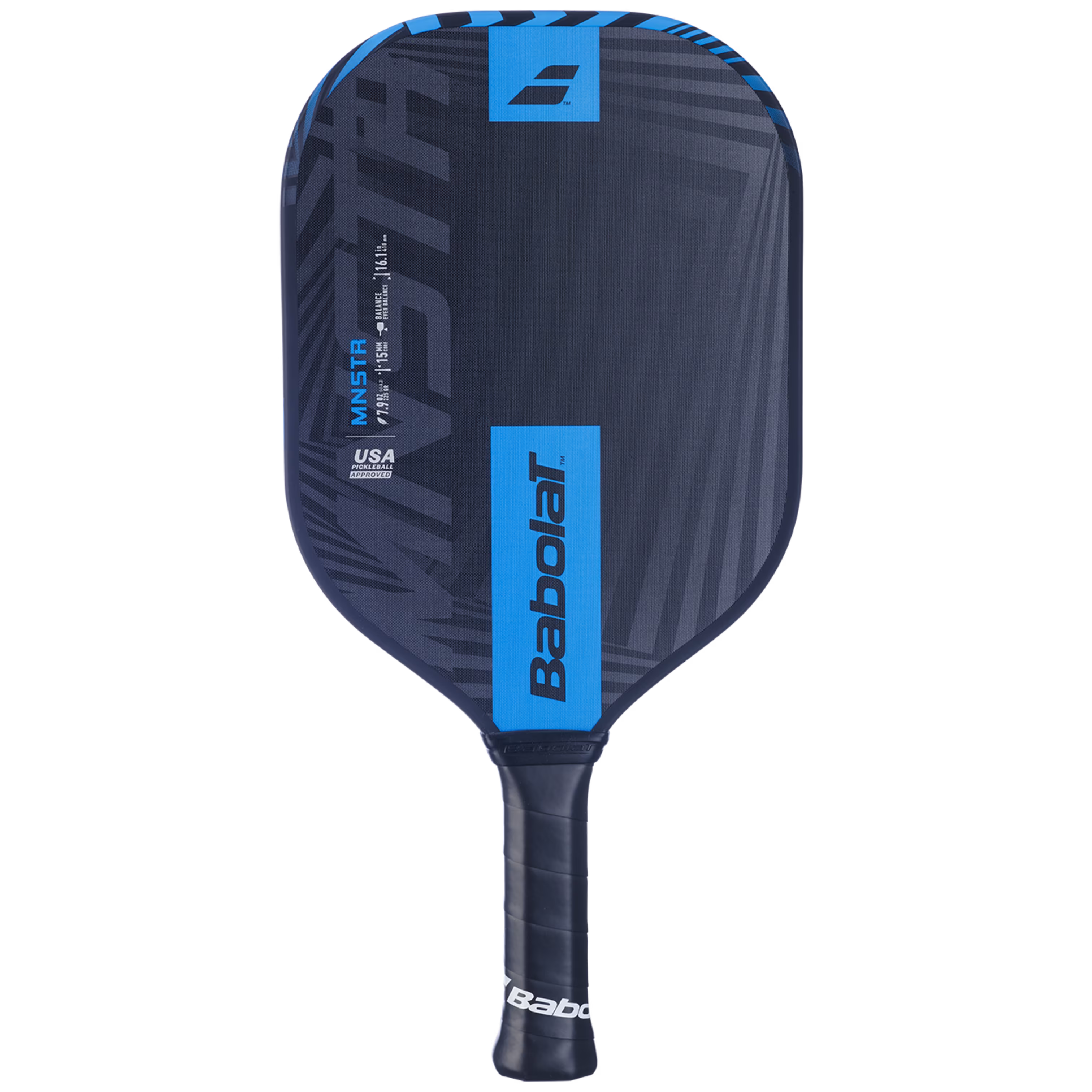 Babolat MNSTR Pickleball Paddle in black and blue with hybrid shape, textured surface, and extended handle for spin and control.