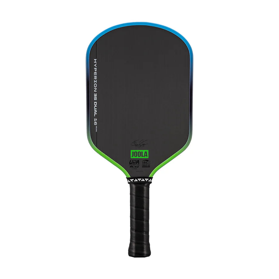 JOOLA Hyperion 3S Dual 16mm Pickleball Paddle featuring a curved aerodynamic shape with blue and green dual-color edge guard, textured carbon surface, and black Feel-Tec Pure Grip.