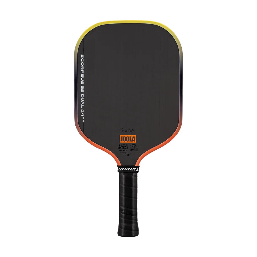 JOOLA Scorpeus 3S Dual 14mm Pickleball Paddle with widebody shape and orange-yellow edge guard
