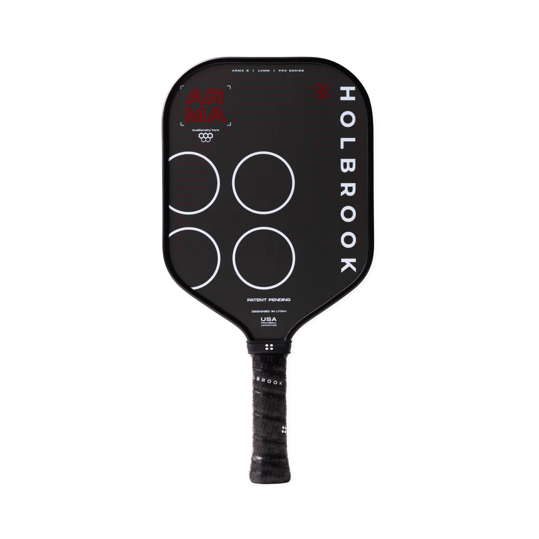 Holbrook Arma S 14mm pickleball paddle featuring a hexagonal textured face and black edge guard, designed for power and control.