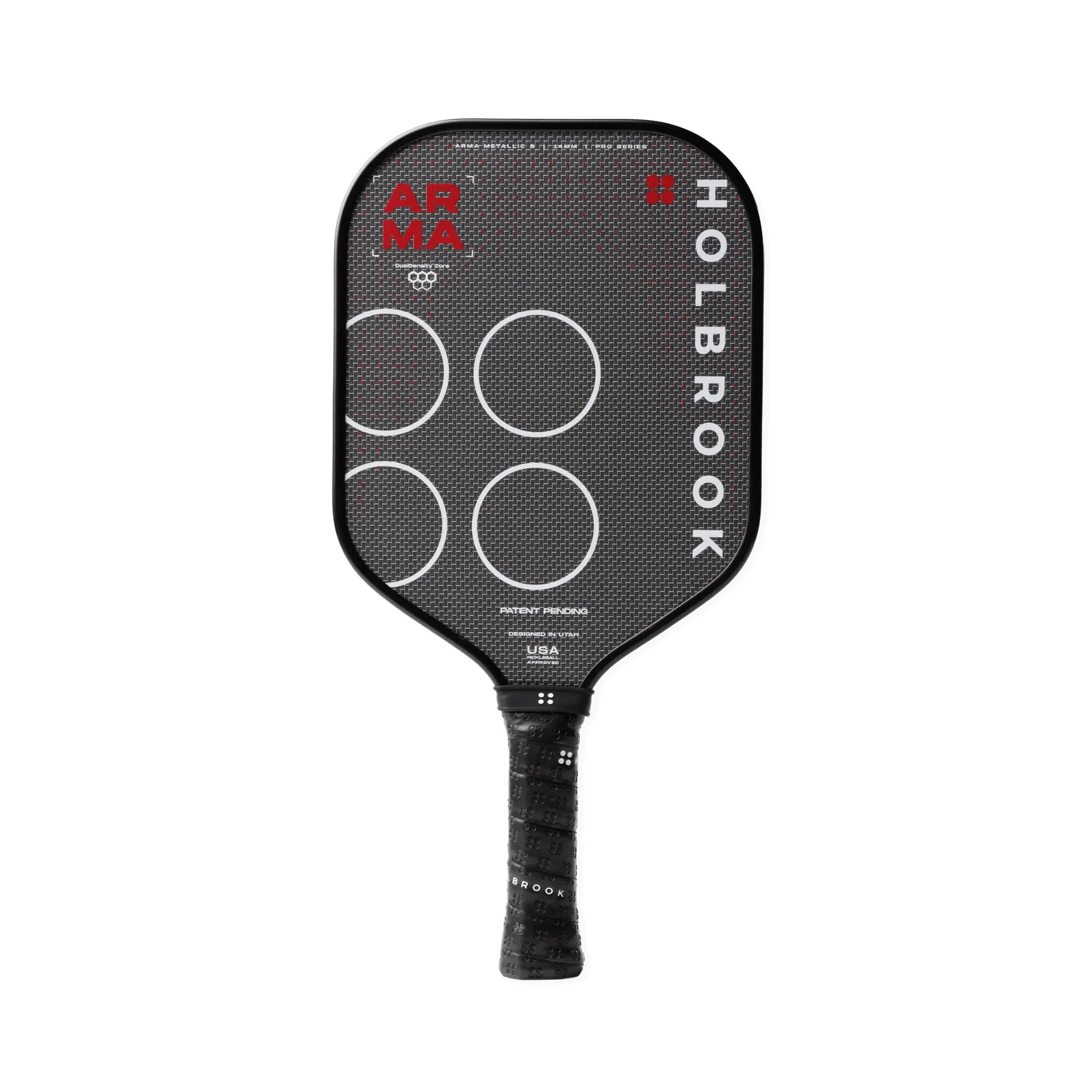 Holbrook Arma S Metallic pickleball paddle with metallic polyester carbon fiber weave face, optimized for softer touch and precision control.